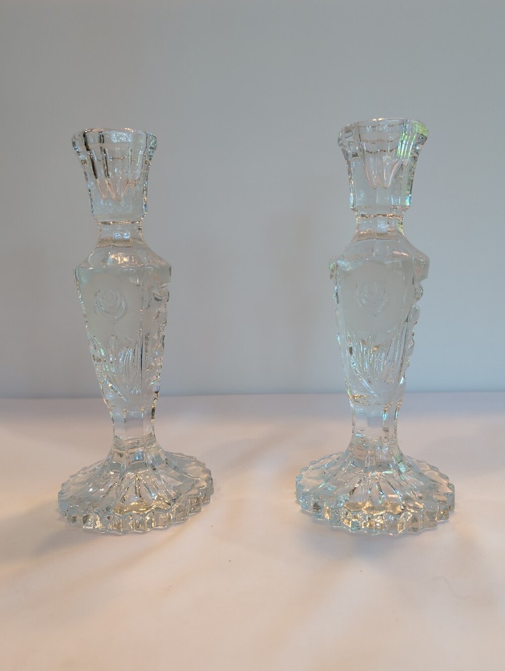 Candlesticks Pair Heavy Crystal Frosted Roses Hofbauer Germany Vintage 7.5"